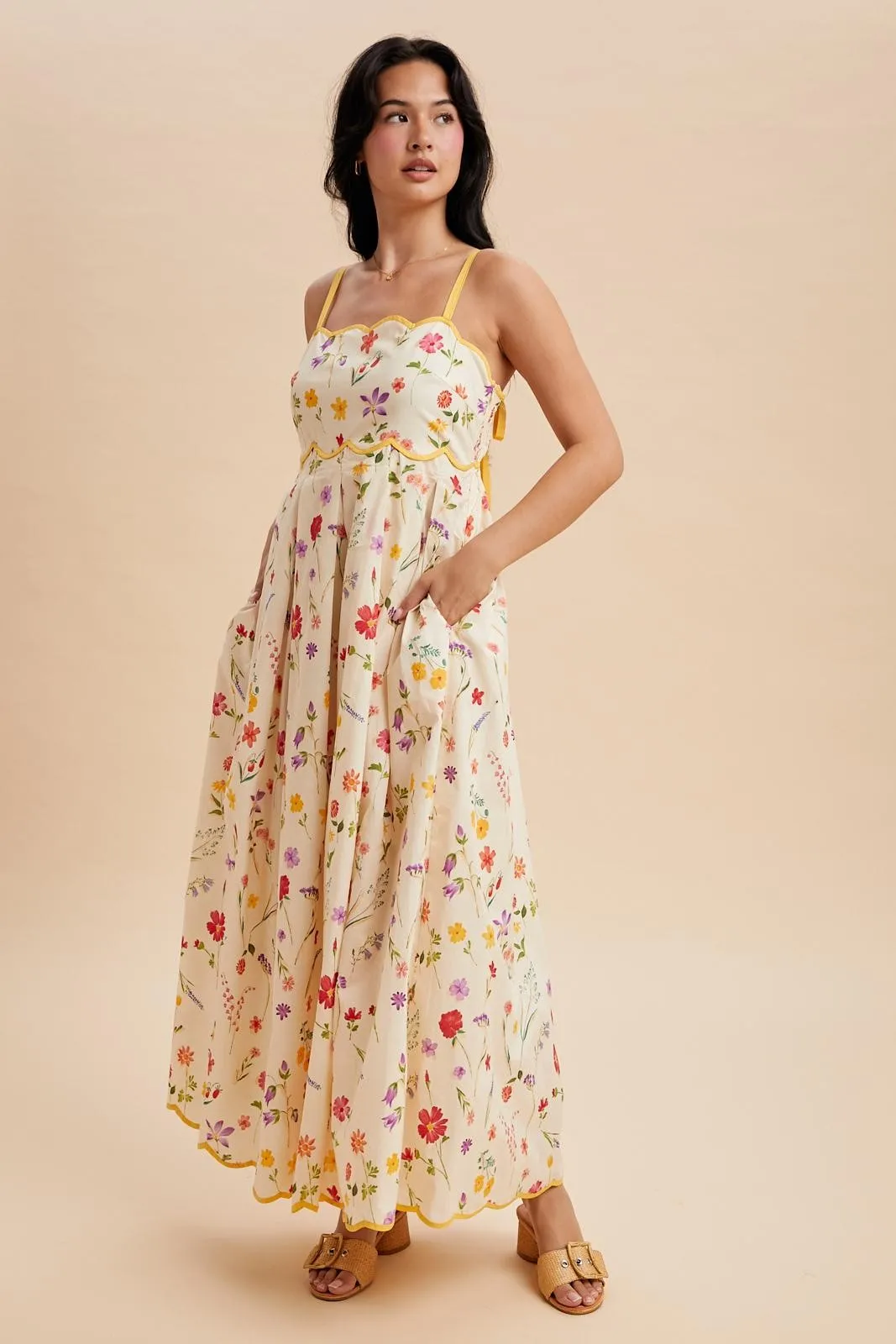 Yellow Daffodil Creme Floral Scalloped Contrast Maxi Dress sold by Pinkblush product image thumbnail 3