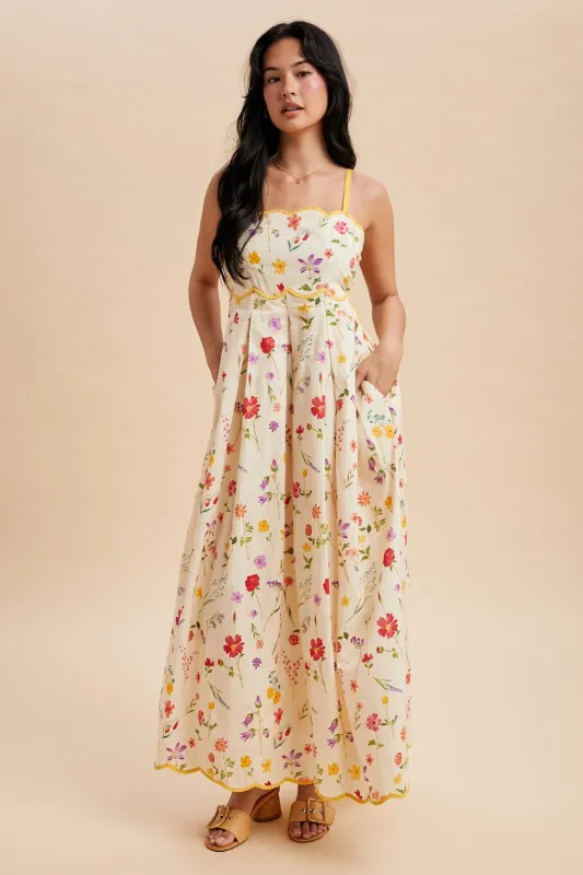 Yellow Daffodil Creme Floral Scalloped Contrast Maxi Dress sold by Pinkblush