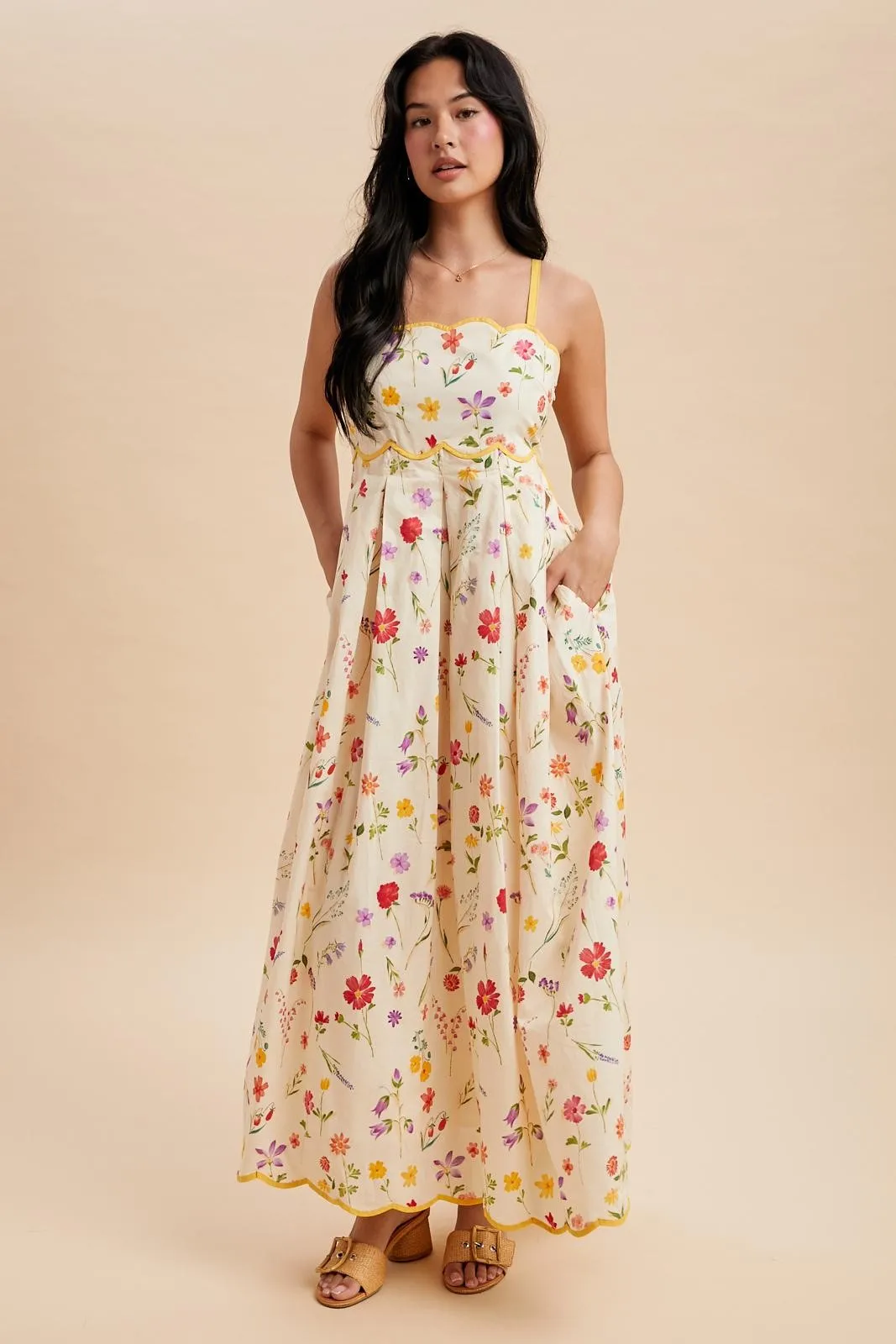 Yellow Daffodil Creme Floral Scalloped Contrast Maxi Dress sold by Pinkblush