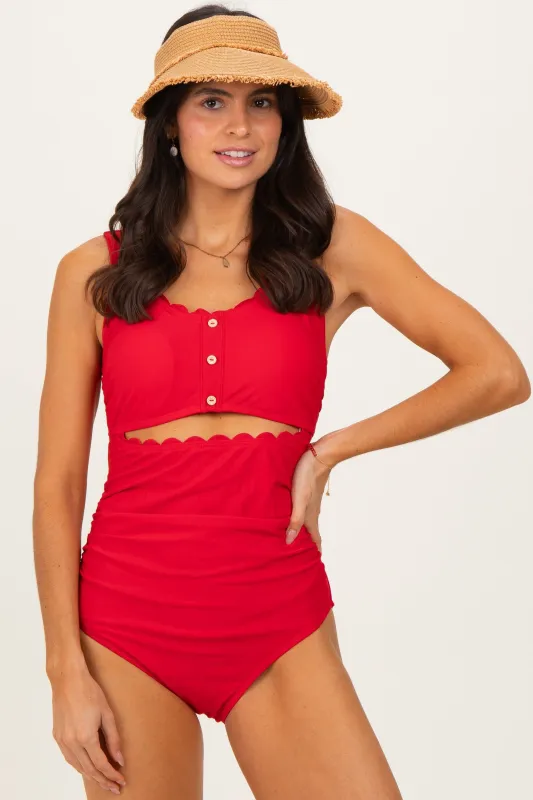 Red Scalloped Cutout Ruched One Piece Swimsuit sold by Pinkblush