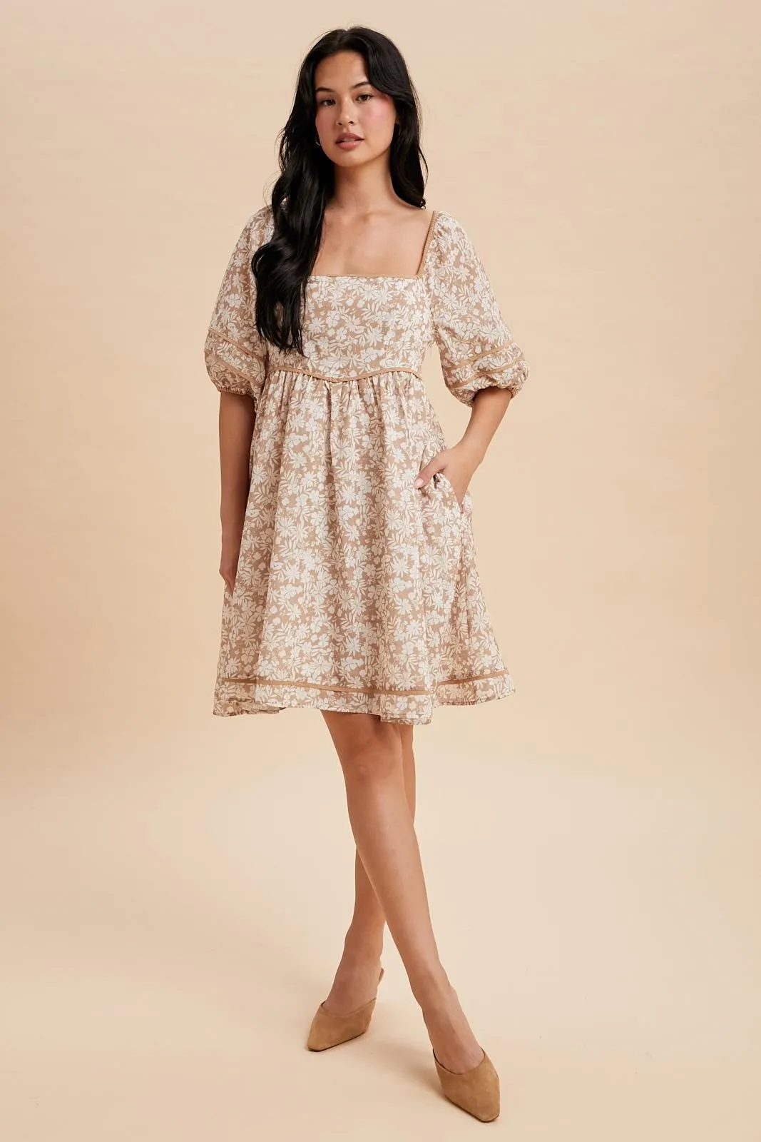 Taupe Contrast Binded Floral Mini Dress sold by Pinkblush product image thumbnail 4