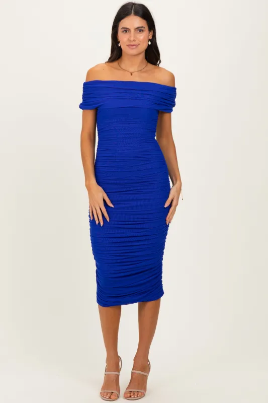 Royal Blue Ruched Mesh Off Shoulder Midi Dress sold by Pinkblush
