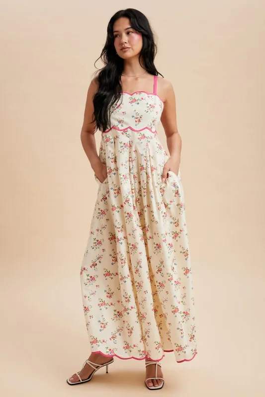 Pink Peony Creme Floral Scalloped Contrast Maxi Dress sold by Pinkblush