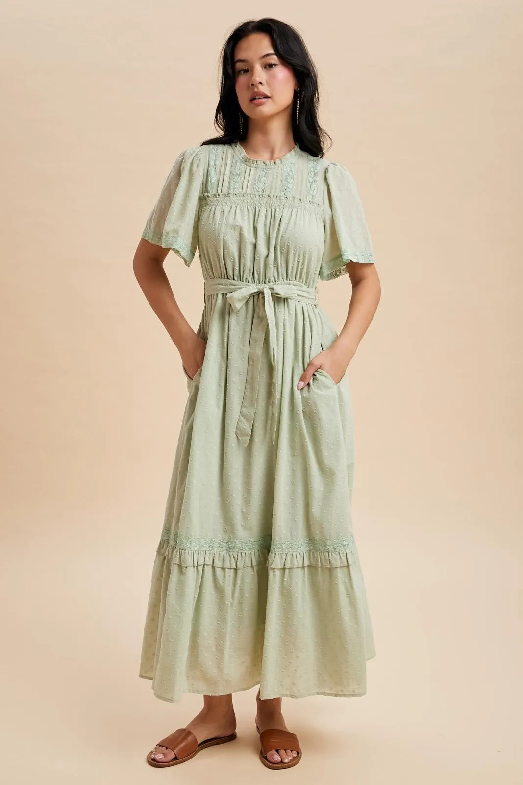 Sage Swiss Dot Flutter Sleeve Maxi Dress sold by Pinkblush
