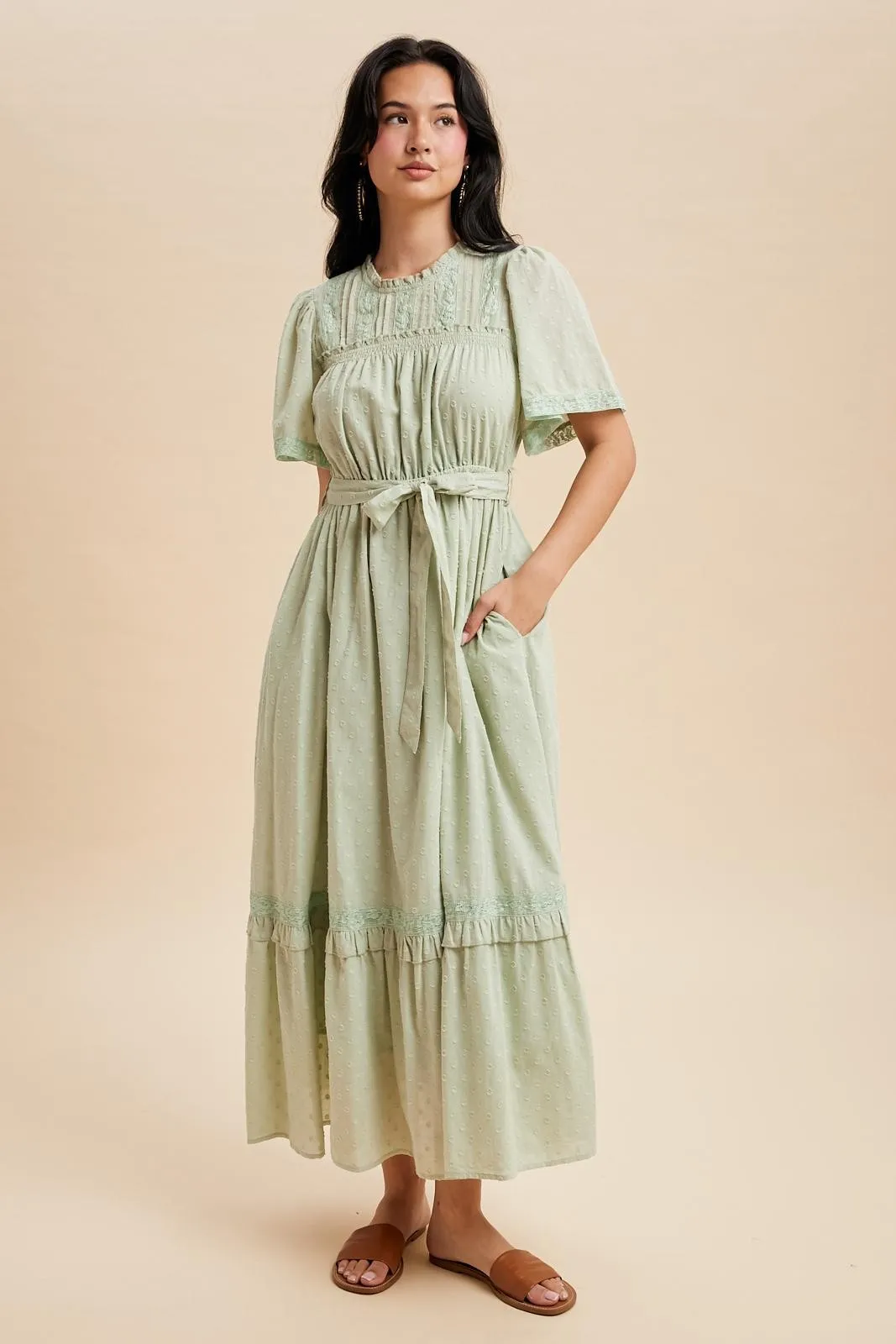 Sage Swiss Dot Flutter Sleeve Maxi Dress sold by Pinkblush product image thumbnail 2