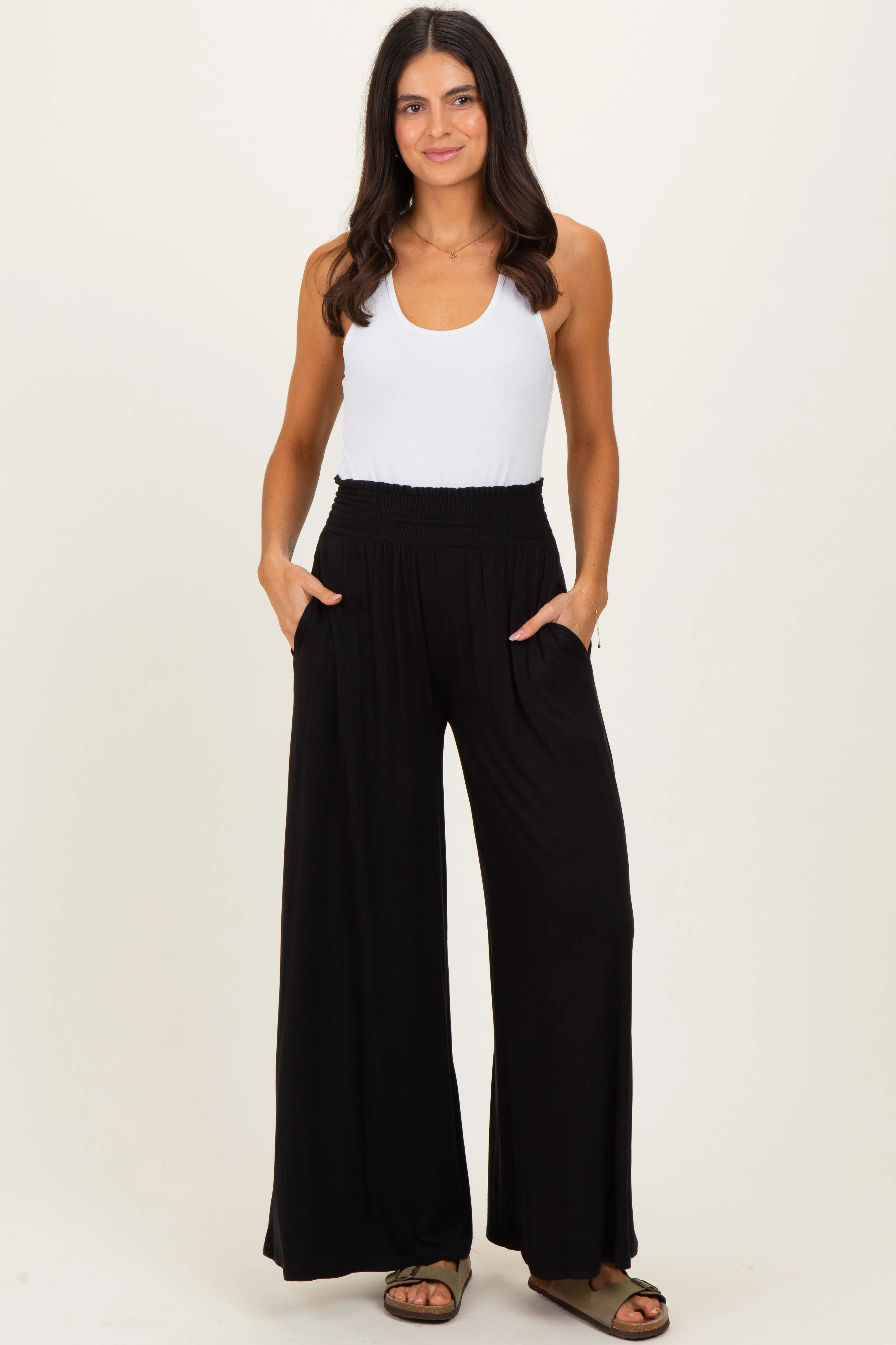 Black Smocked Waist Wide Leg Pants sold by Pinkblush product image thumbnail 2