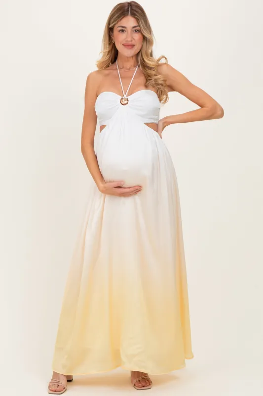 Yellow Ombre Satin Halter Cutout Maternity Maxi Dress made by Pinkblush