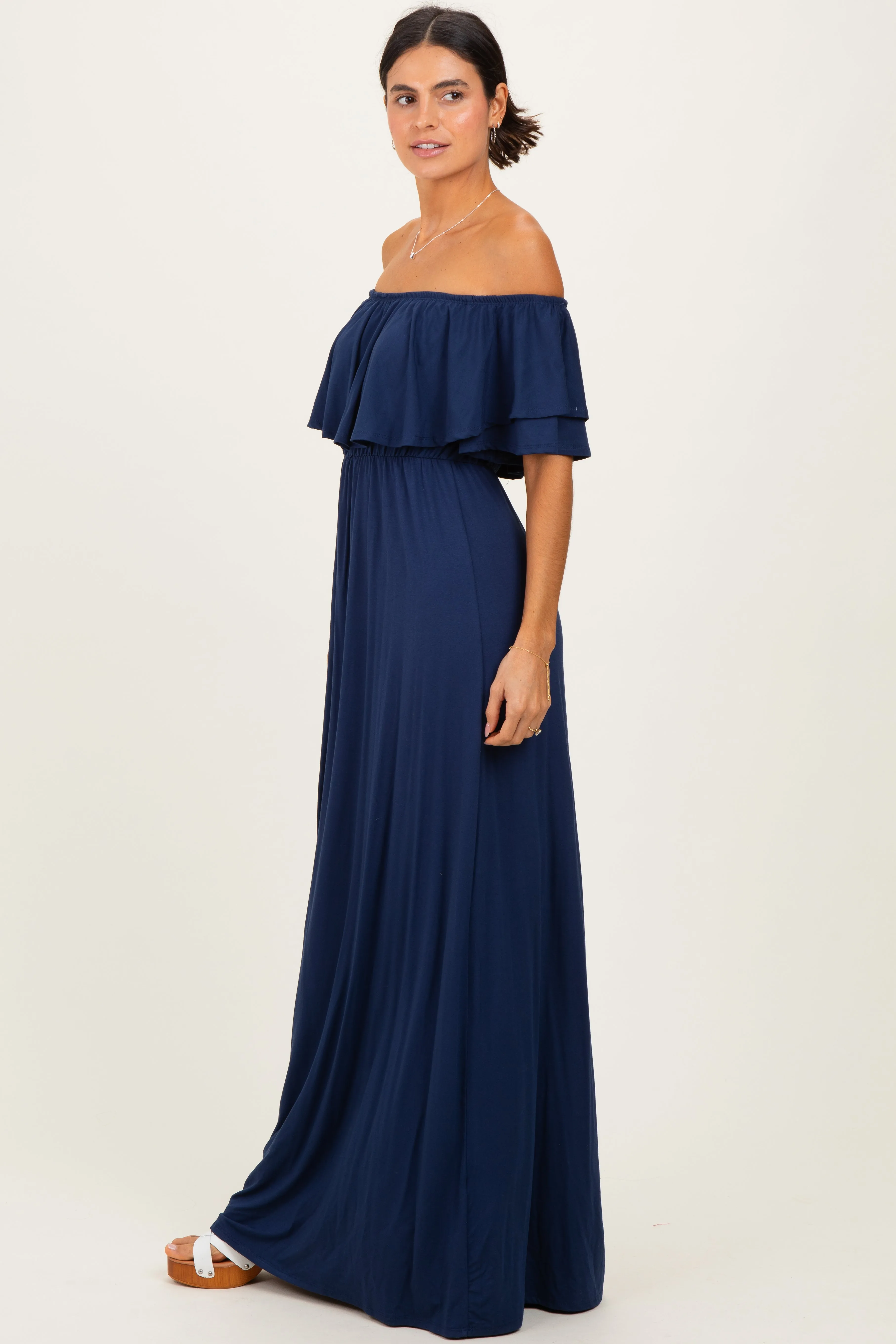 Navy Ruffle Off Shoulder Maxi Dress sold by Pinkblush product image thumbnail 3