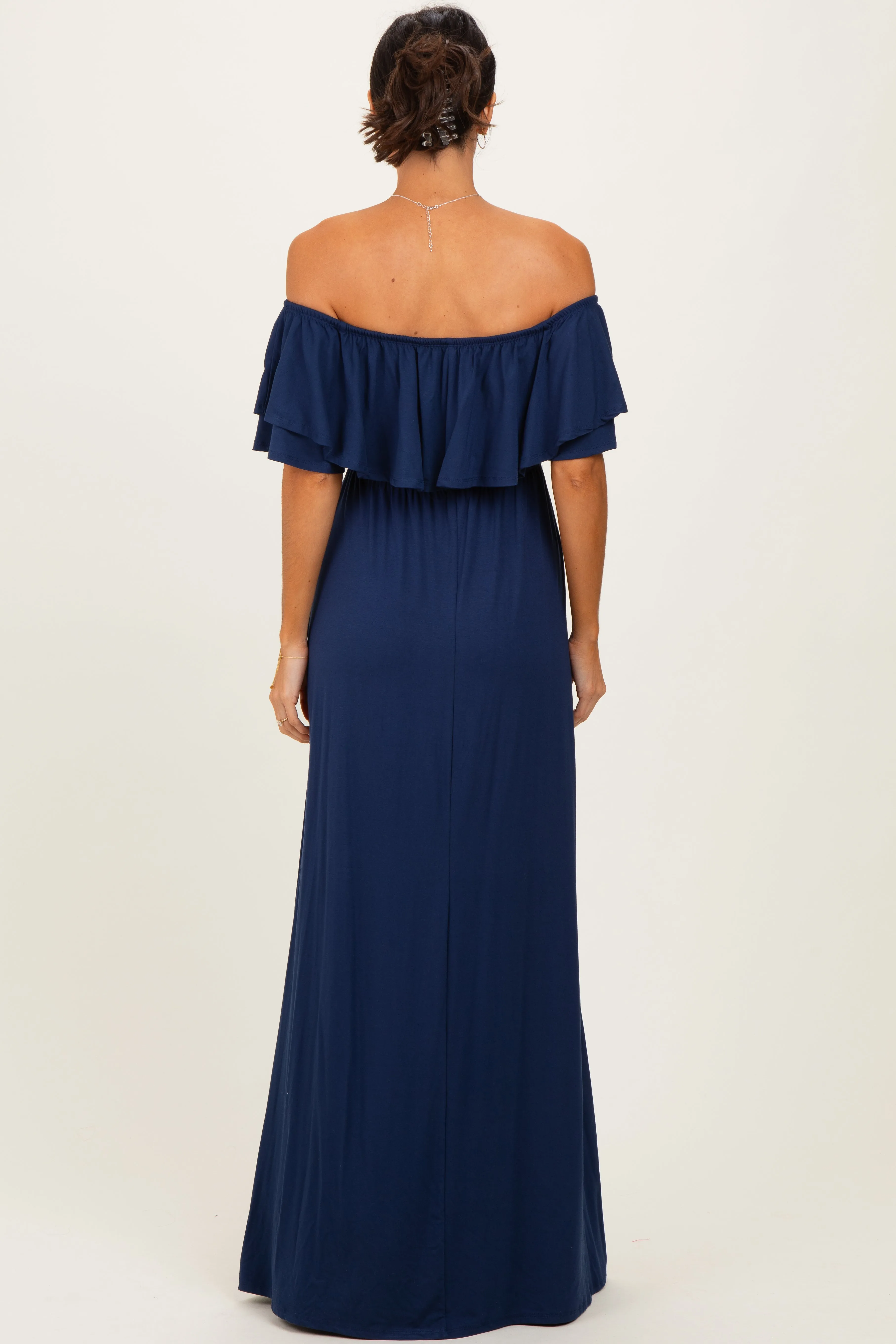 Navy Ruffle Off Shoulder Maxi Dress sold by Pinkblush product image thumbnail 4