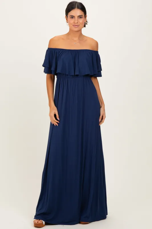 Navy Ruffle Off Shoulder Maxi Dress sold by Pinkblush