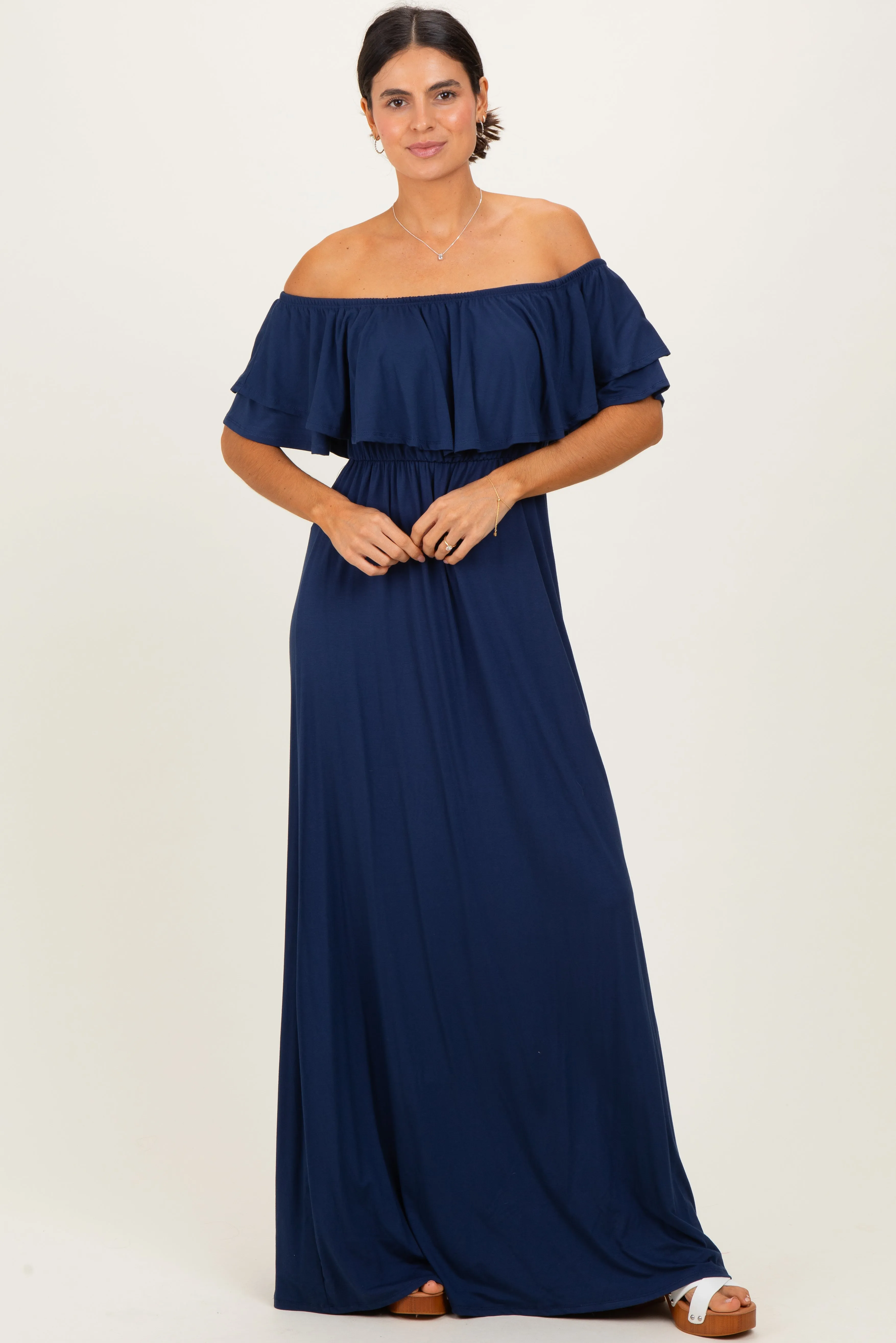 Navy Ruffle Off Shoulder Maxi Dress sold by Pinkblush product image thumbnail 2