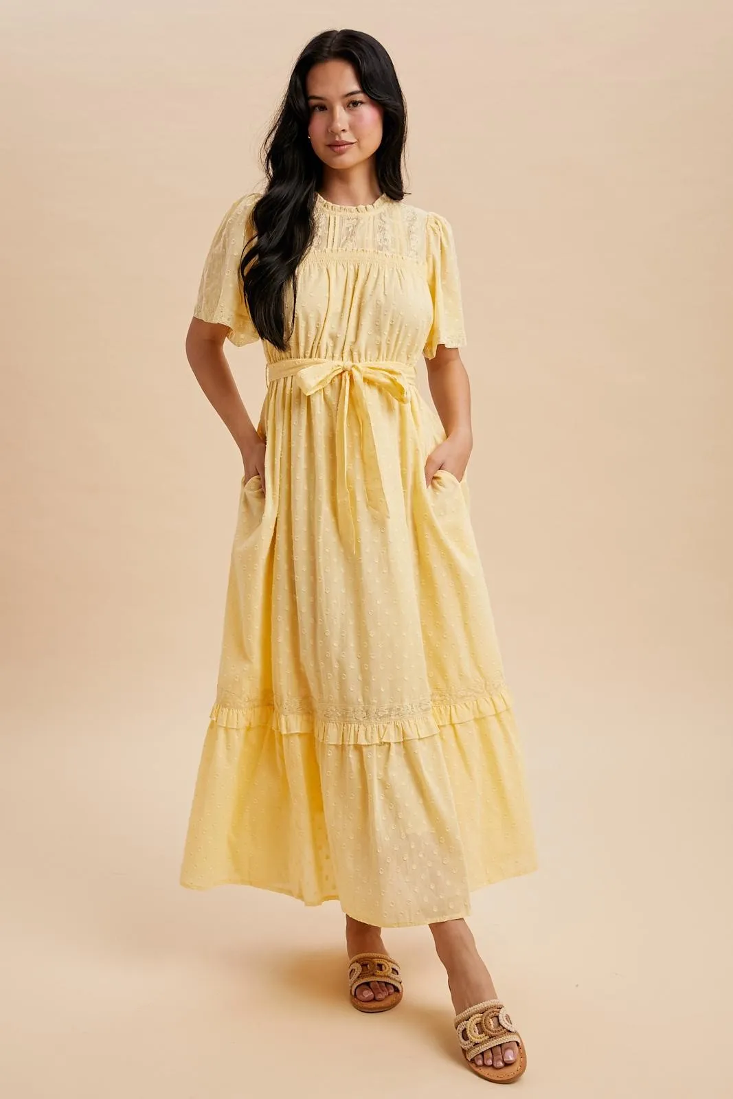 Yellow Swiss Dot Flutter Sleeve Maxi Dress sold by Pinkblush product image thumbnail 2