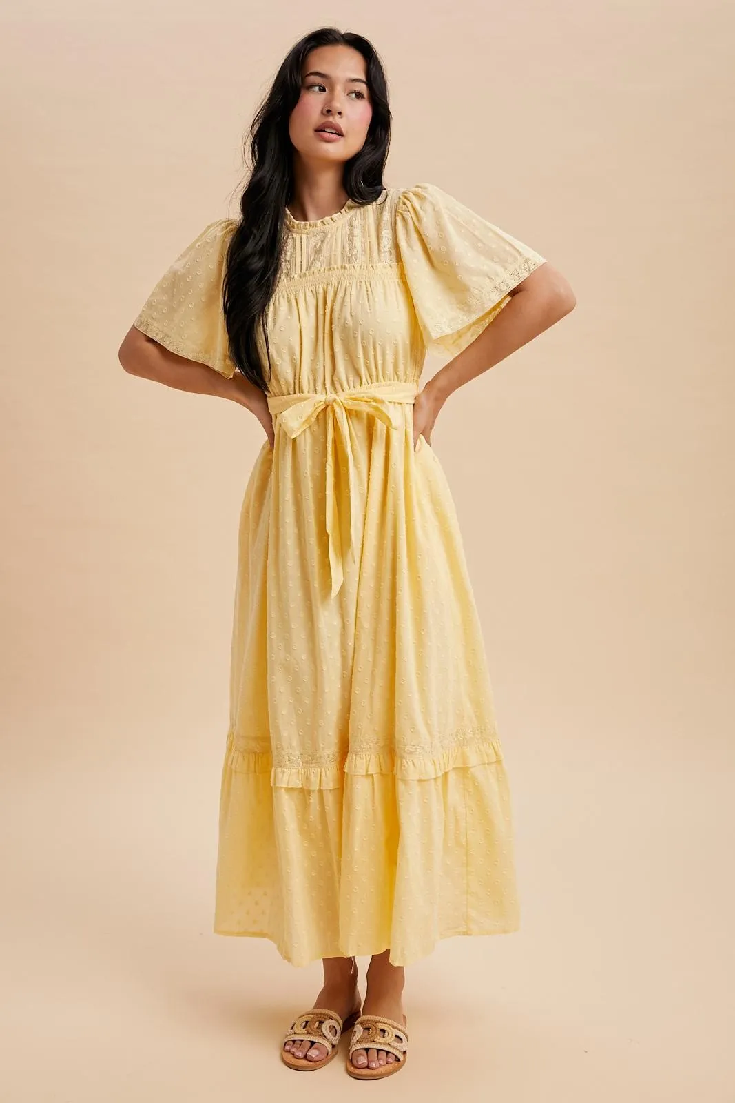 Yellow Swiss Dot Flutter Sleeve Maxi Dress sold by Pinkblush product image thumbnail 3
