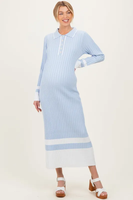 Light Blue Ribbed Knit Colorblock Polo Maternity Maxi Dress sold by Pinkblush