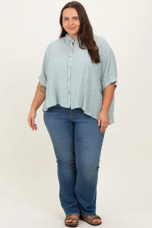 Forest Green Striped Button Up Short Dolman Sleeve Plus Top sold by Pinkblush