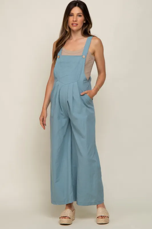 Blue Front Pocket Pleated Linen Maternity Overall sold by Pinkblush