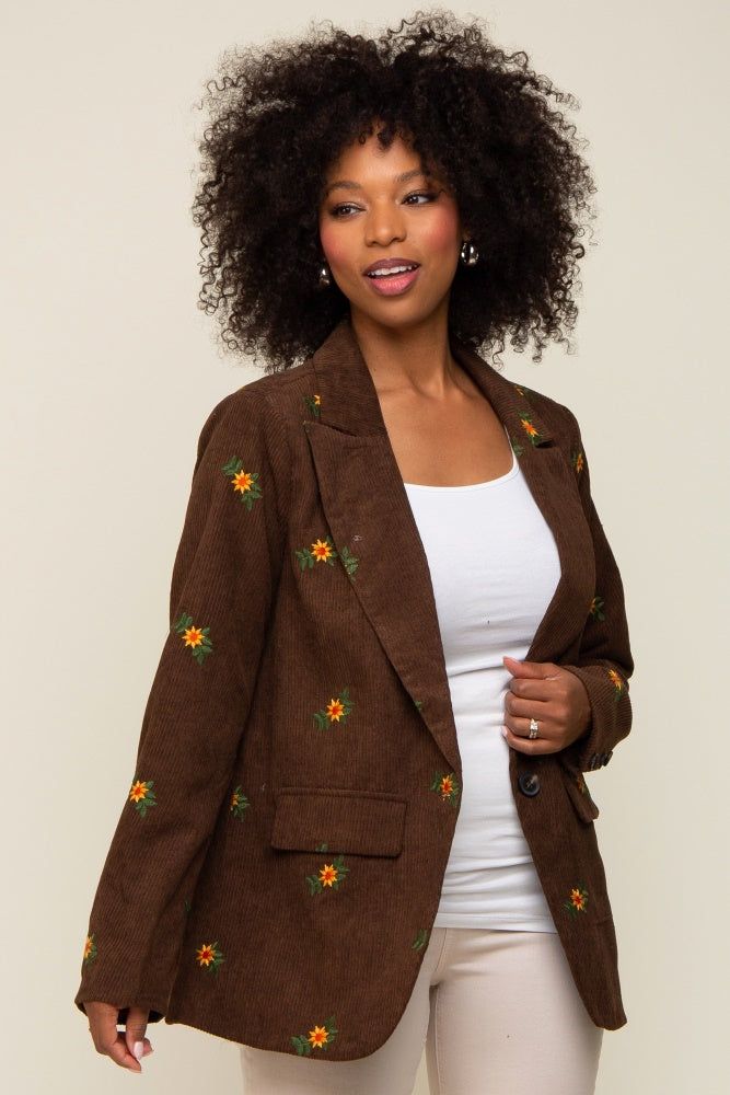 Brown Corduroy Floral Embroidered Blazer sold by Pinkblush