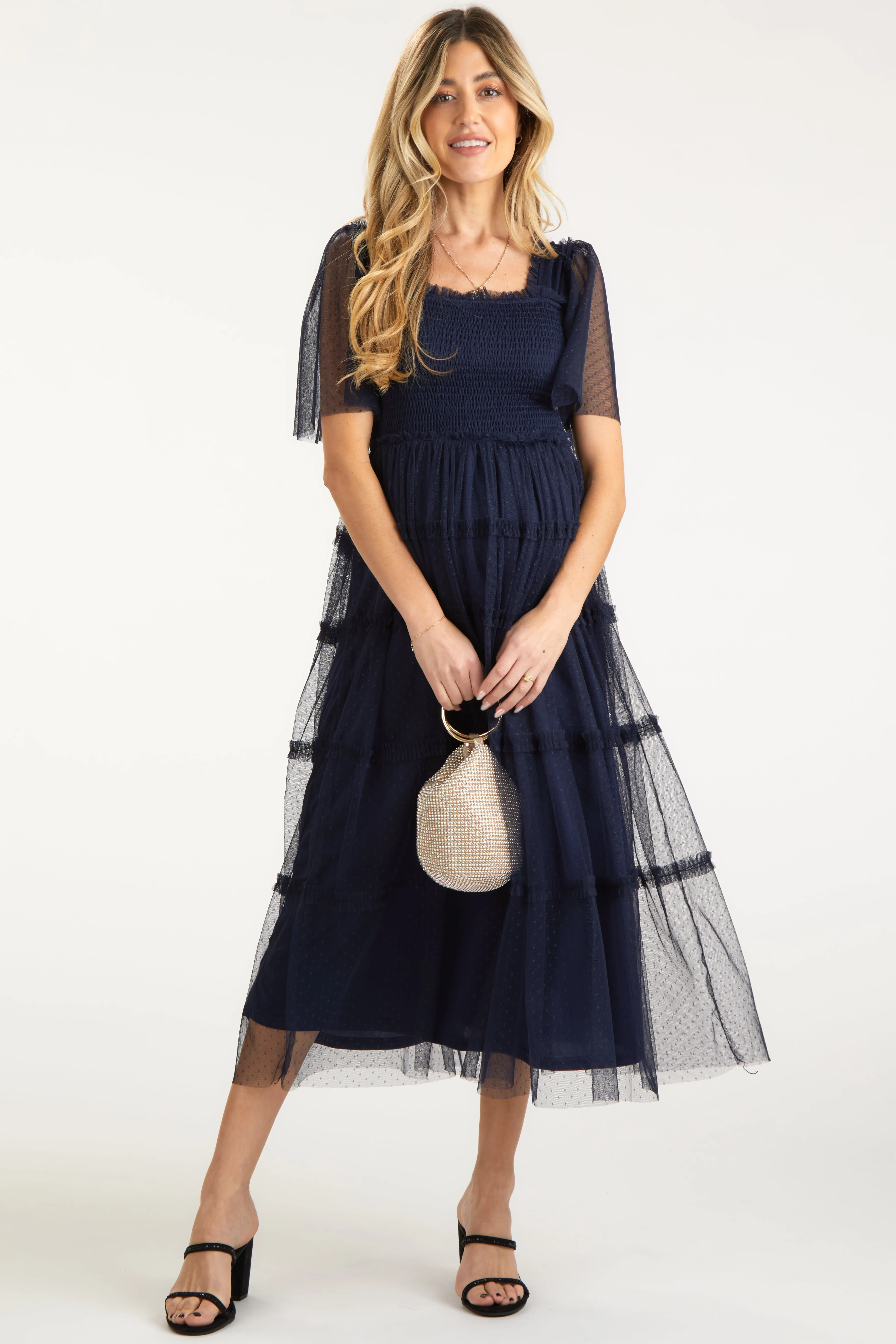Navy Ruffled Mesh Maternity Maxi Dress sold by Pinkblush