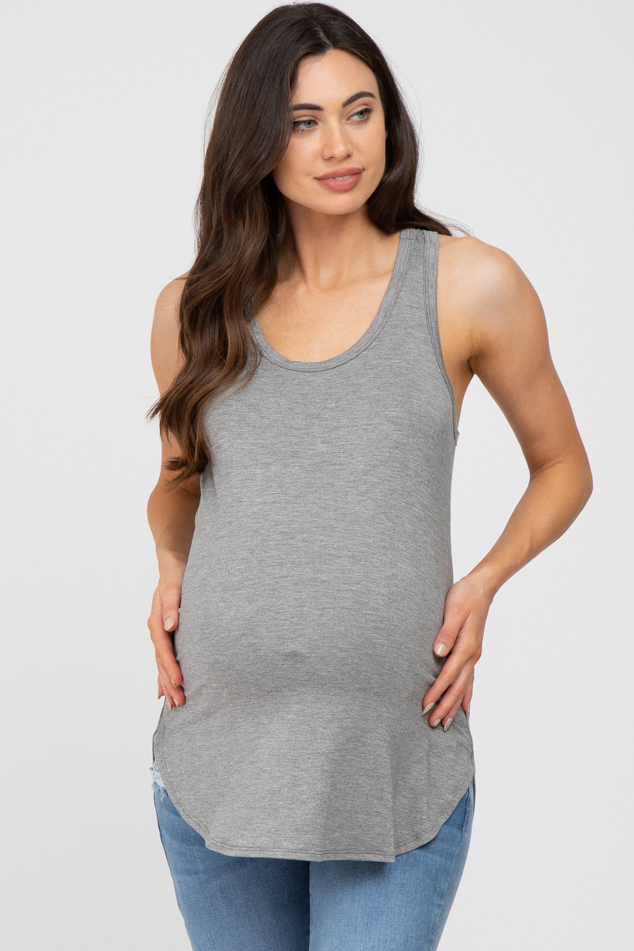Heather Grey Curved Hem Maternity Tank Top sold by Pinkblush