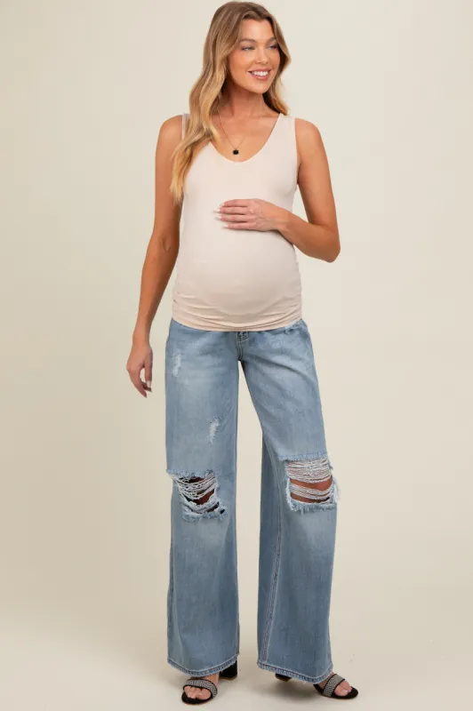 Blue Distressed Knee Super Wide Leg Maternity Jeans sold by Pinkblush