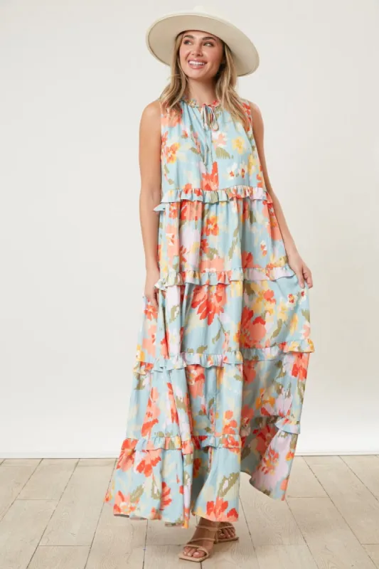Light Blue Floral Sleeveless Ruffle Tiered Maxi Dress sold by Pinkblush