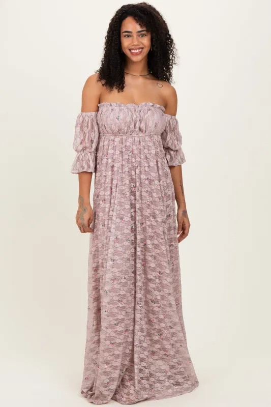 Taupe Floral Lace Off Shoulder Ruffle Sleeve Maxi Dress sold by Pinkblush
