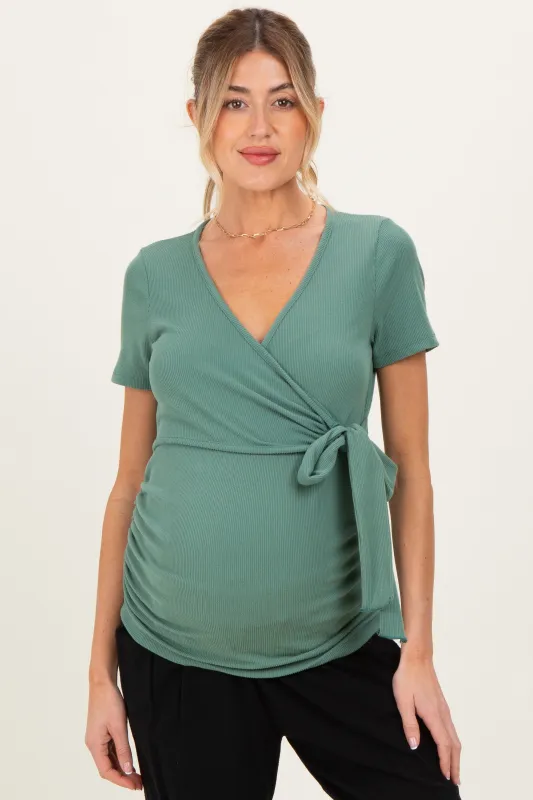 Olive Wrap Front Tie Maternity/Nursing Top sold by Pinkblush
