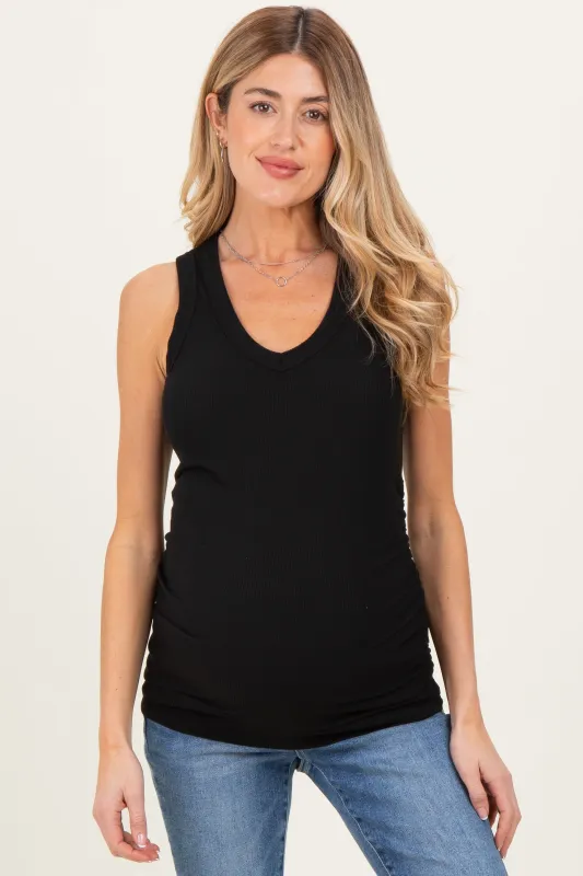 Black Ribbed Sleeveless Ruched Maternity Tank Top sold by Pinkblush