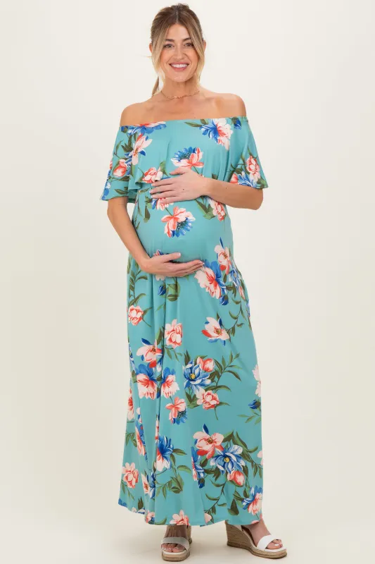 Light Blue Off Shoulder Floral Ruffle Maternity Maxi Dress sold by Pinkblush