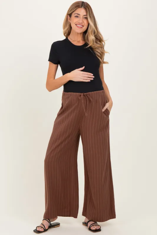 Brown Pinstripe Drawstring Maternity Linen Pants sold by Pinkblush