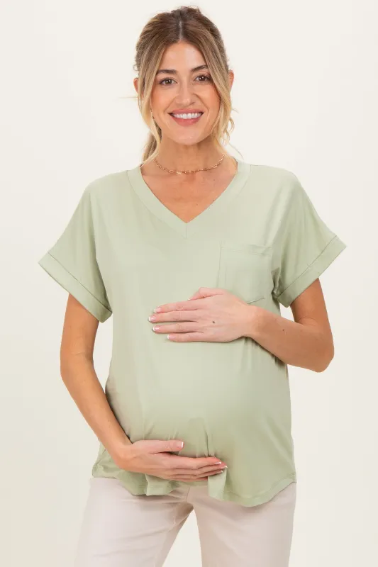Mint V-Neck Pocket Short Sleeve Maternity Shirt sold by Pinkblush
