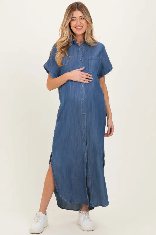 Blue Chambray Button Down Maternity Shirt Dress sold by Pinkblush