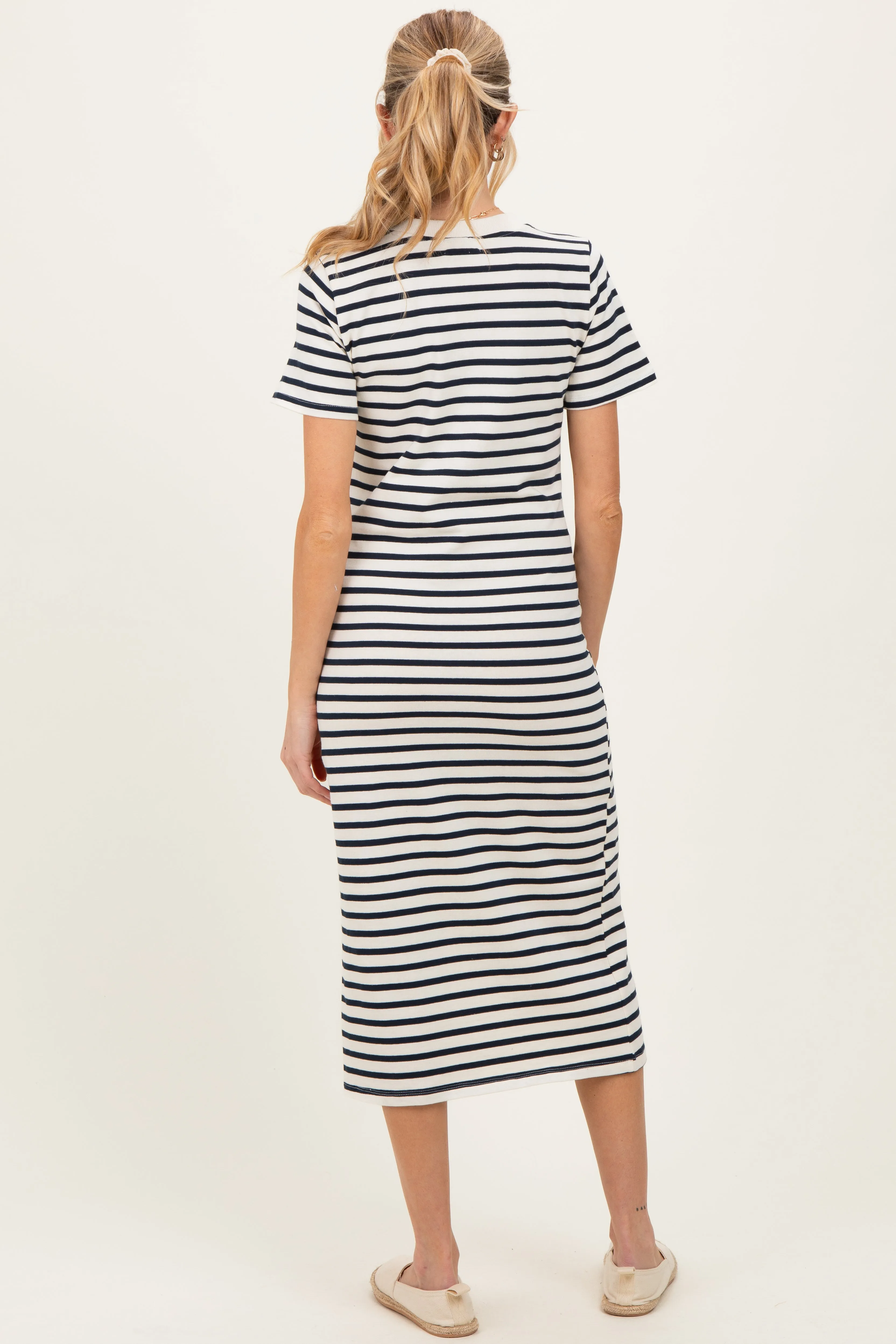 Navy Striped Short Sleeve Maternity Midi Dress sold by Pinkblush product image thumbnail 4