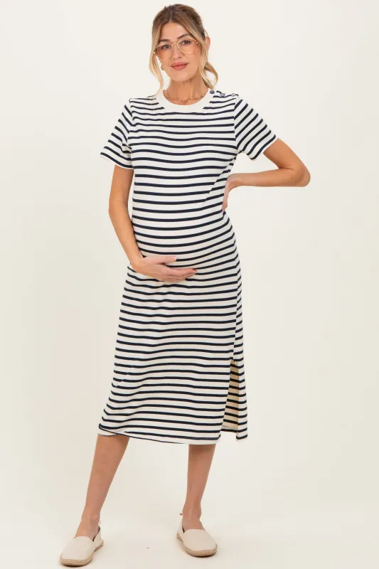 Navy Striped Short Sleeve Maternity Midi Dress sold by Pinkblush