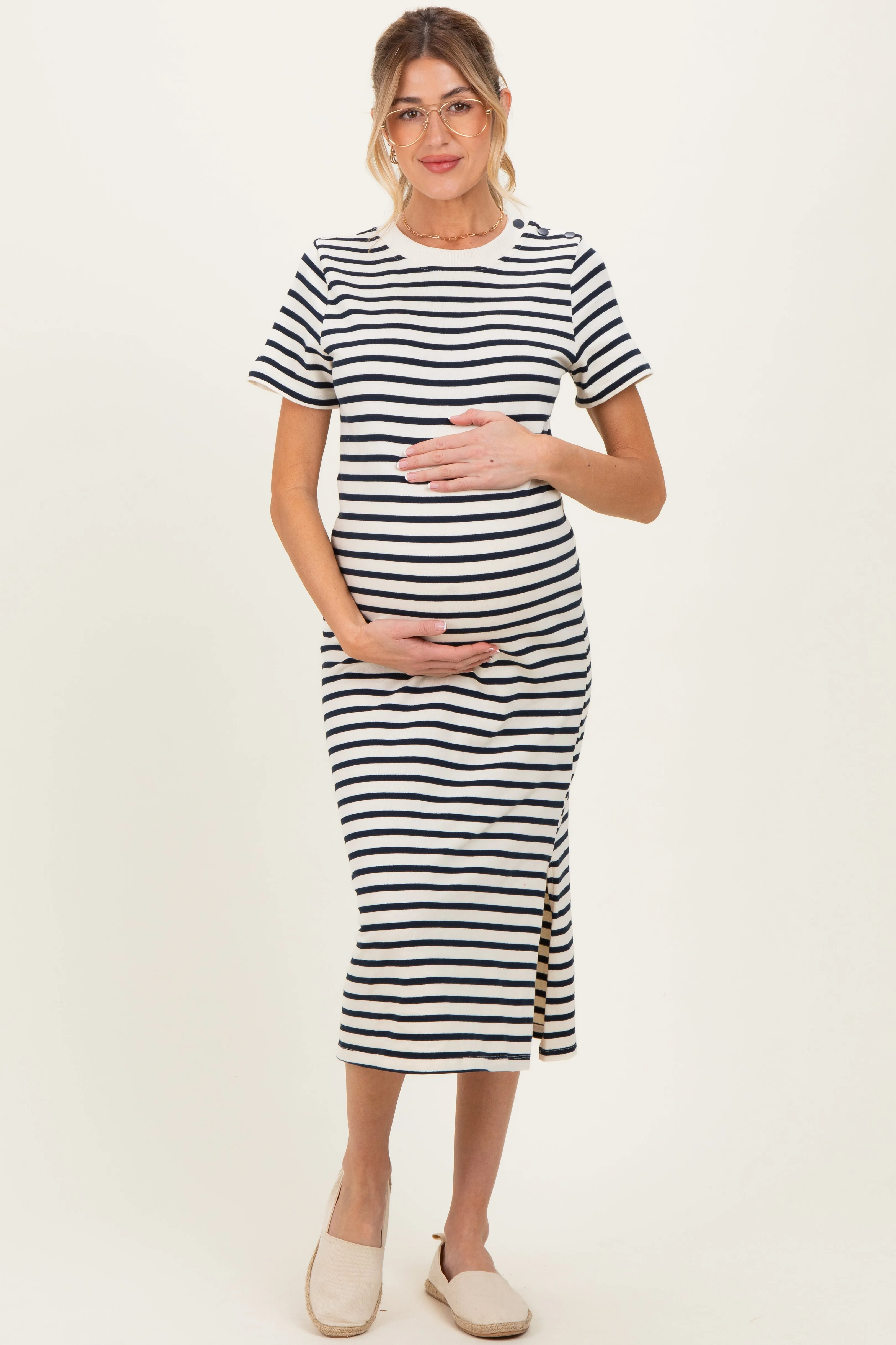Navy Striped Short Sleeve Maternity Midi Dress sold by Pinkblush product image thumbnail 2