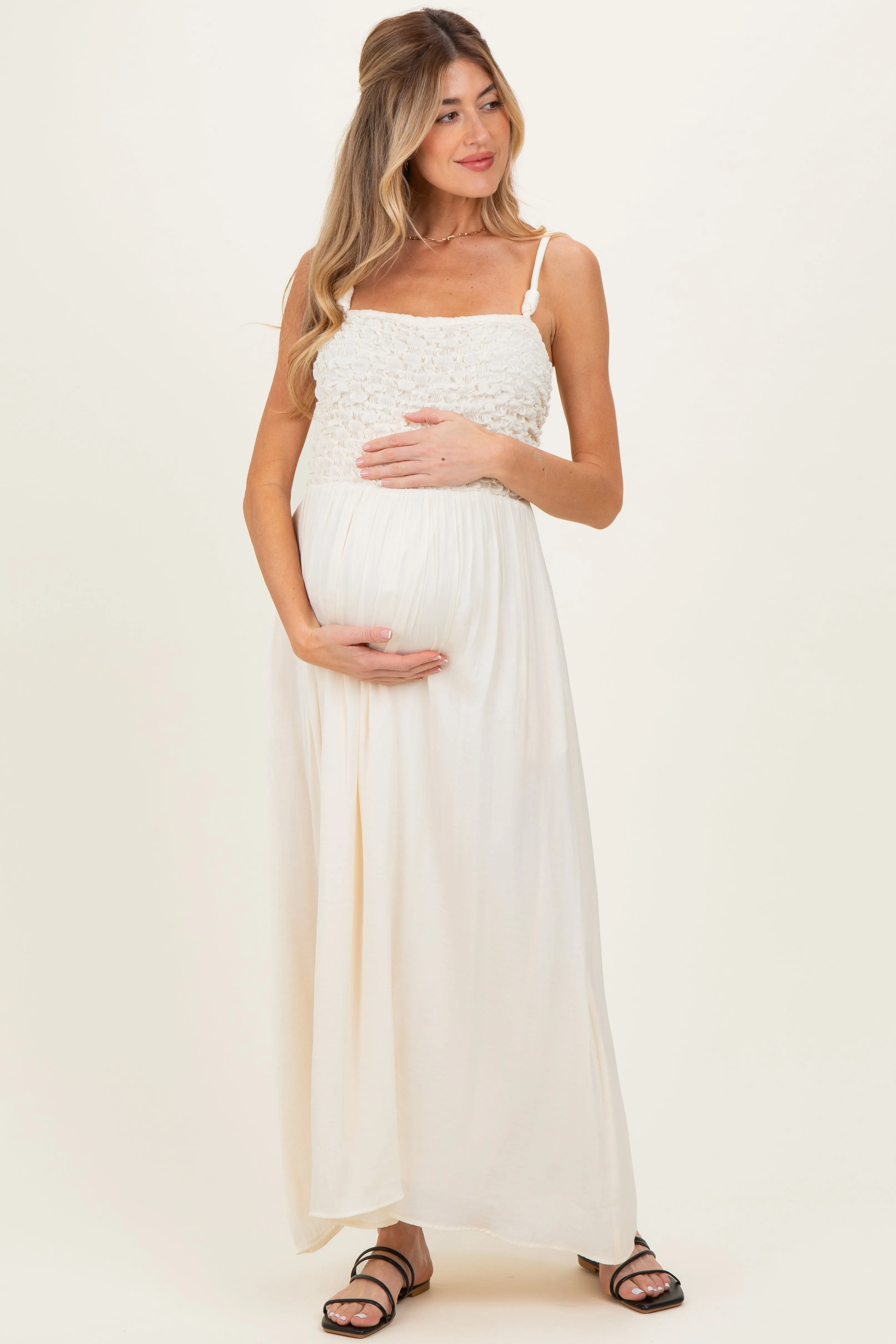 Ivory Textured Smocked Maternity Maxi Dress sold by Pinkblush product image thumbnail 2