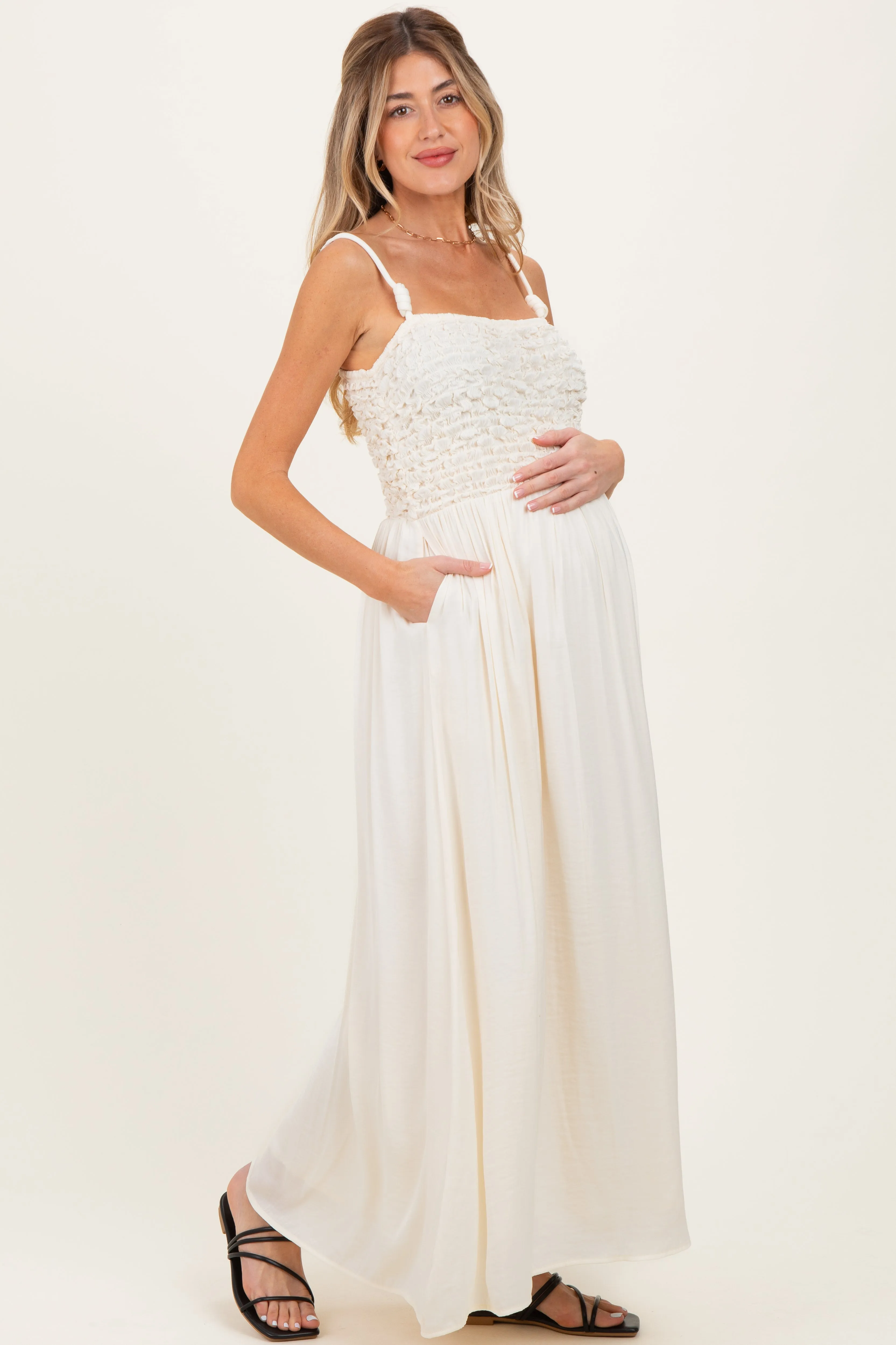 Ivory Textured Smocked Maternity Maxi Dress sold by Pinkblush product image thumbnail 3
