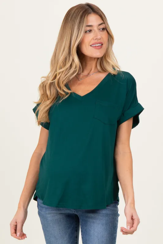 Forest Green V-Neck Pocket Short Sleeve Maternity Shirt sold by Pinkblush