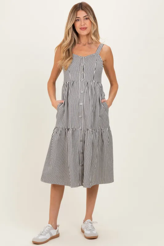 Black Striped Tiered Maternity Overall Dress sold by Pinkblush