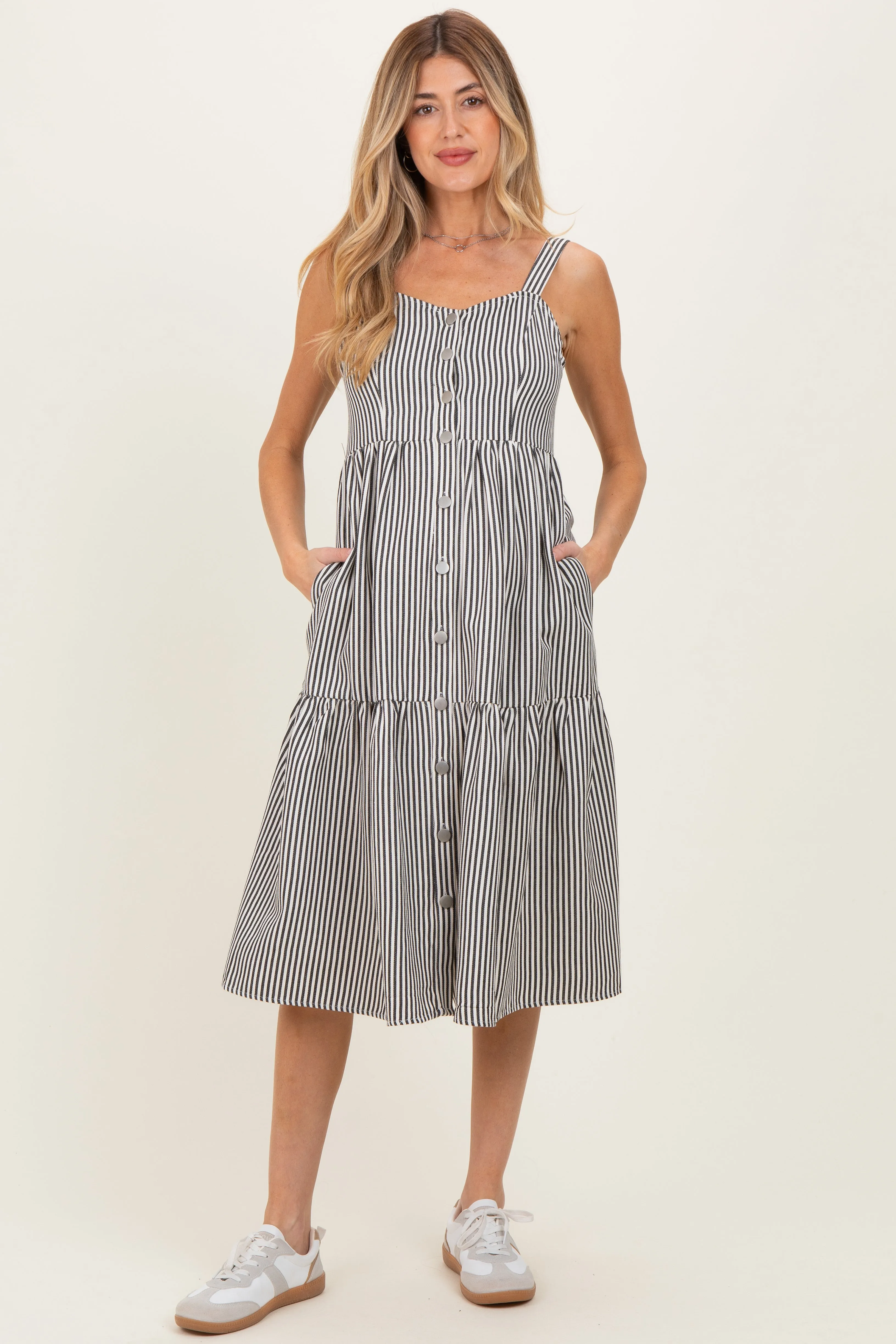 Black Striped Tiered Maternity Overall Dress sold by Pinkblush