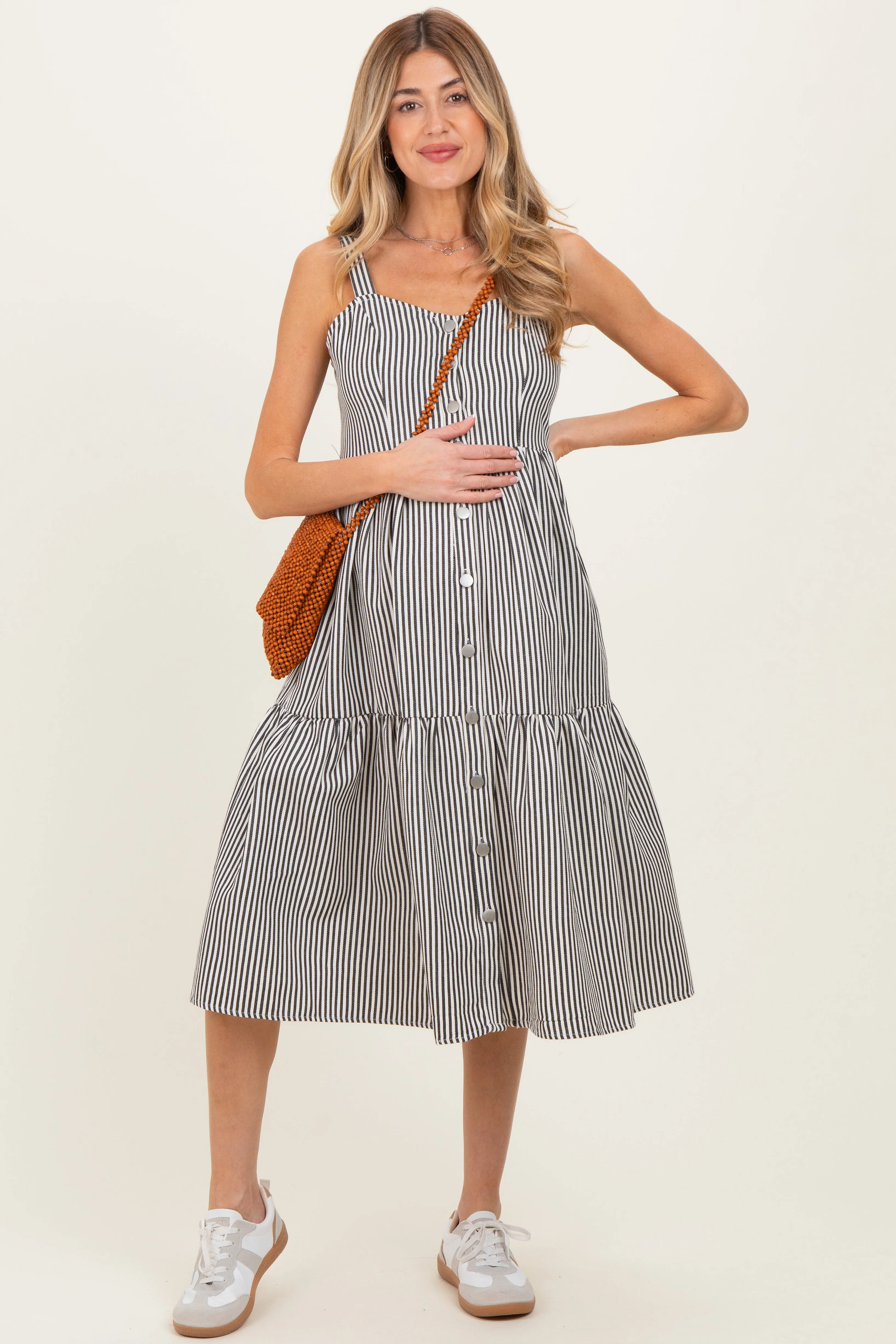 Black Striped Tiered Maternity Overall Dress sold by Pinkblush product image thumbnail 2