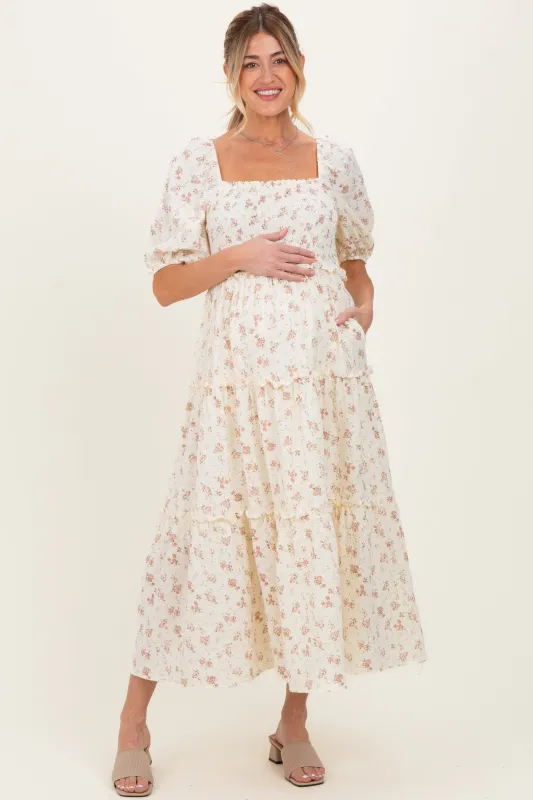 Ivory Rose Floral Smocked Maternity Maxi Dress sold by Pinkblush