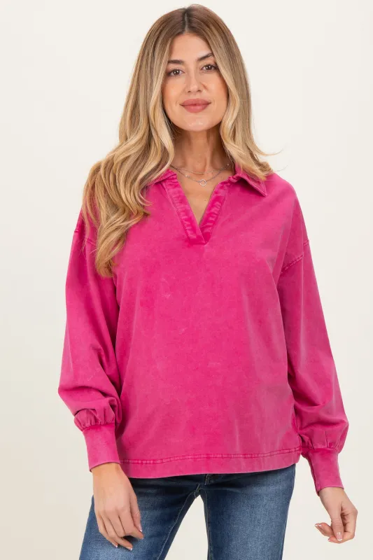 Magenta Sunfade Cotton Collared Long Sleeve Maternity Top sold by Pinkblush