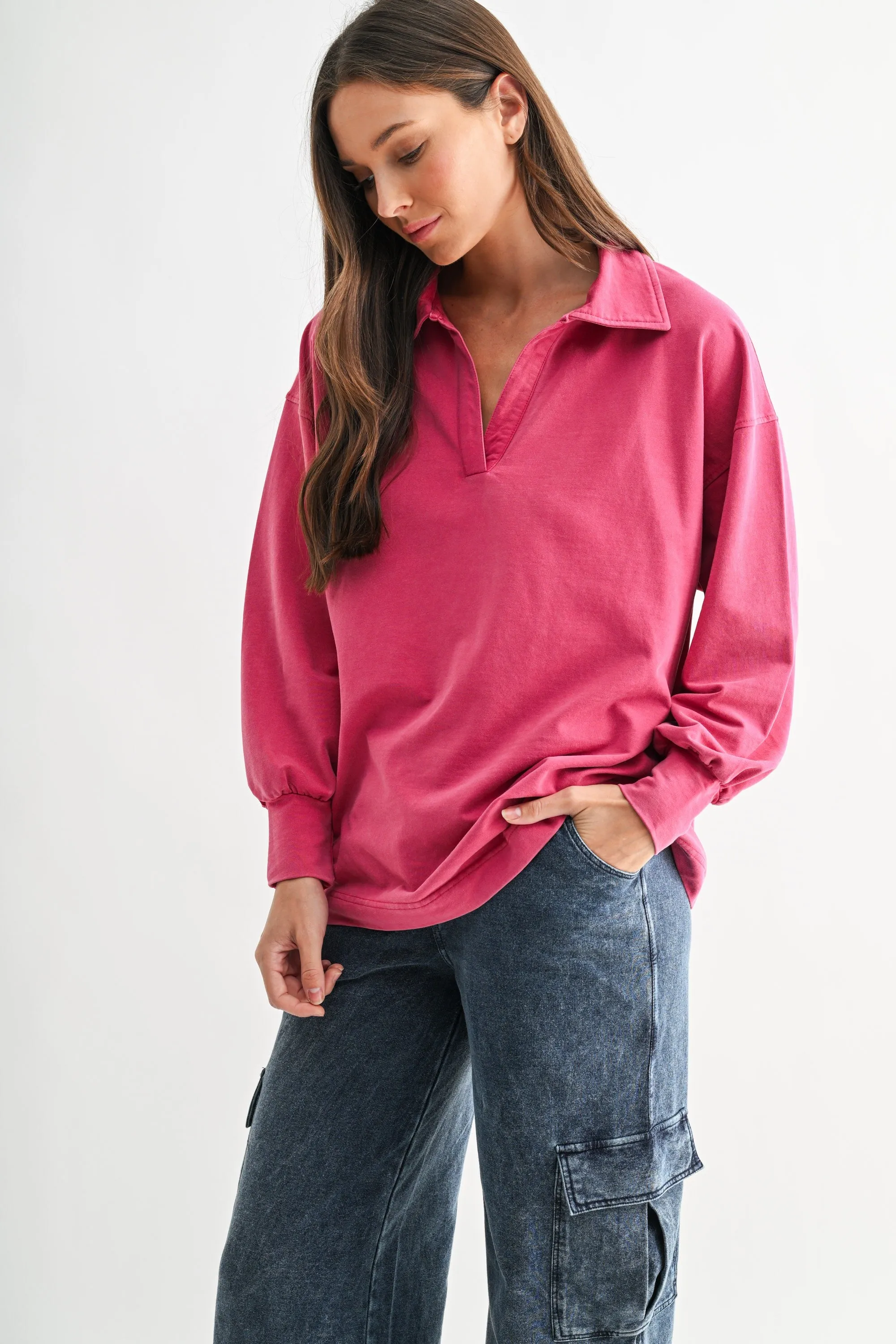 Magenta Sunfade Cotton Collared Long Sleeve Maternity Top sold by Pinkblush product image thumbnail 5
