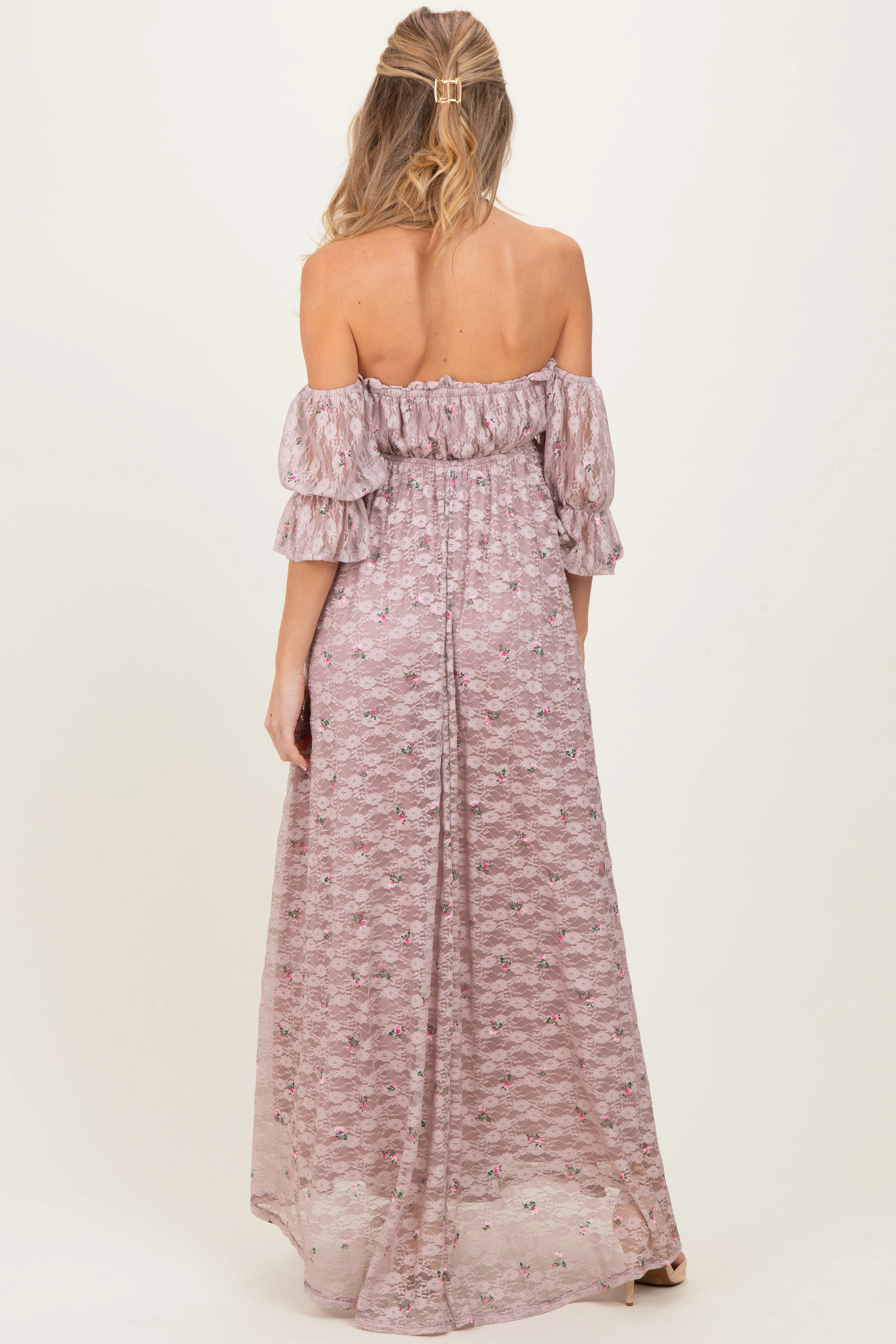 Taupe Floral Lace Off Shoulder Ruffe Sleeve Maternity Maxi Dress sold by Pinkblush product image thumbnail 4