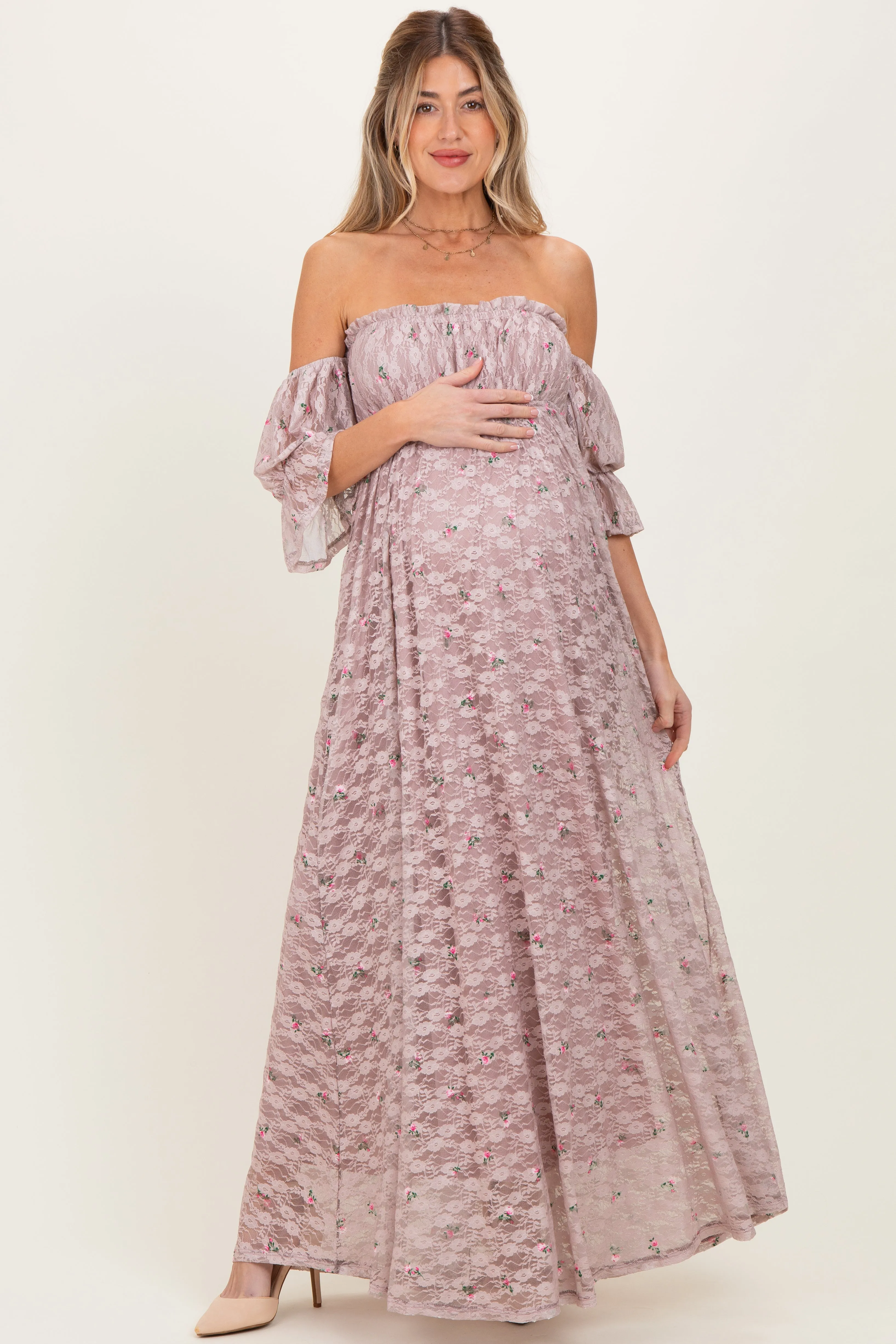 Taupe Floral Lace Off Shoulder Ruffe Sleeve Maternity Maxi Dress sold by Pinkblush