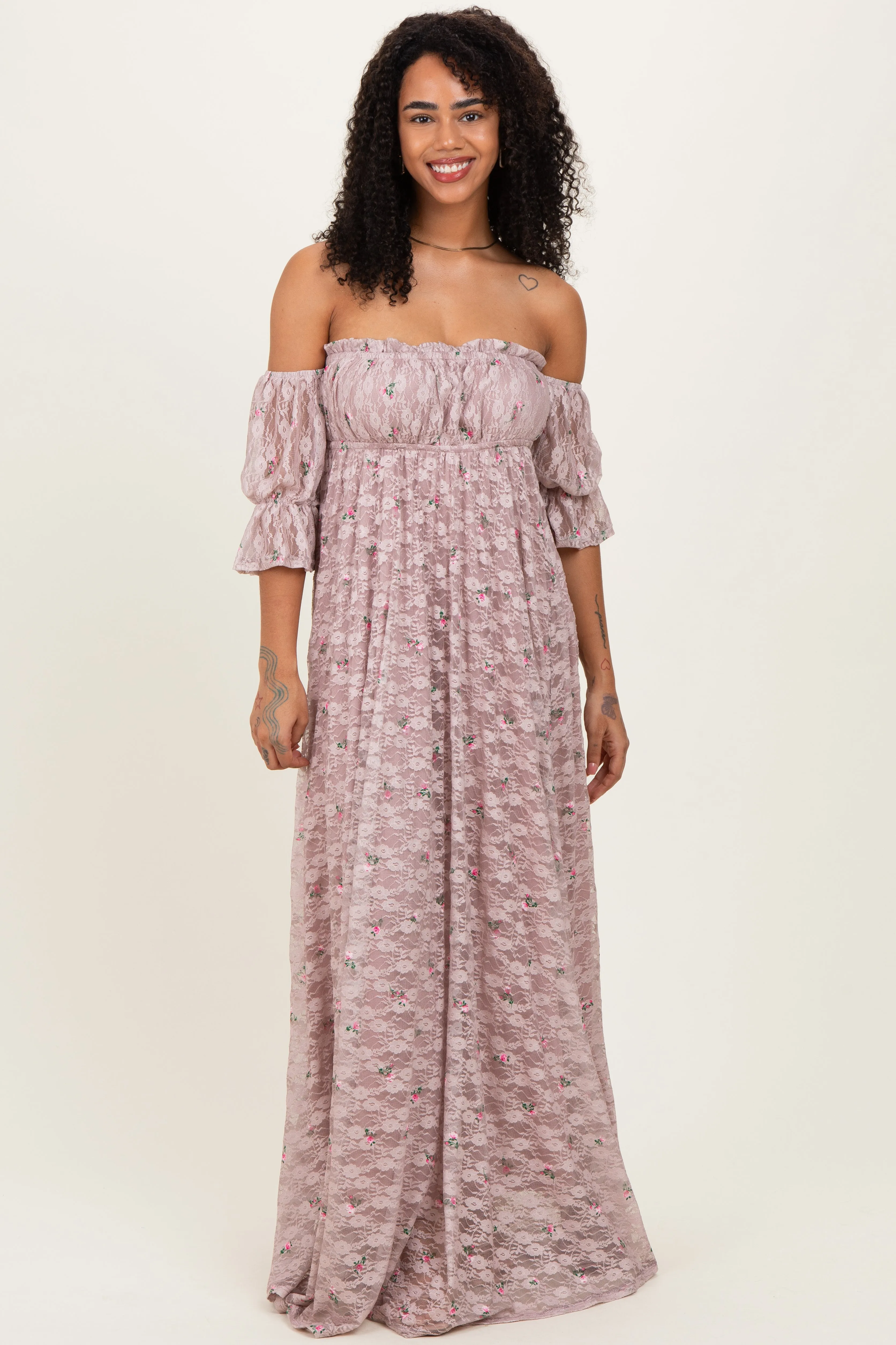 Taupe Floral Lace Off Shoulder Ruffe Sleeve Maternity Maxi Dress sold by Pinkblush product image thumbnail 5