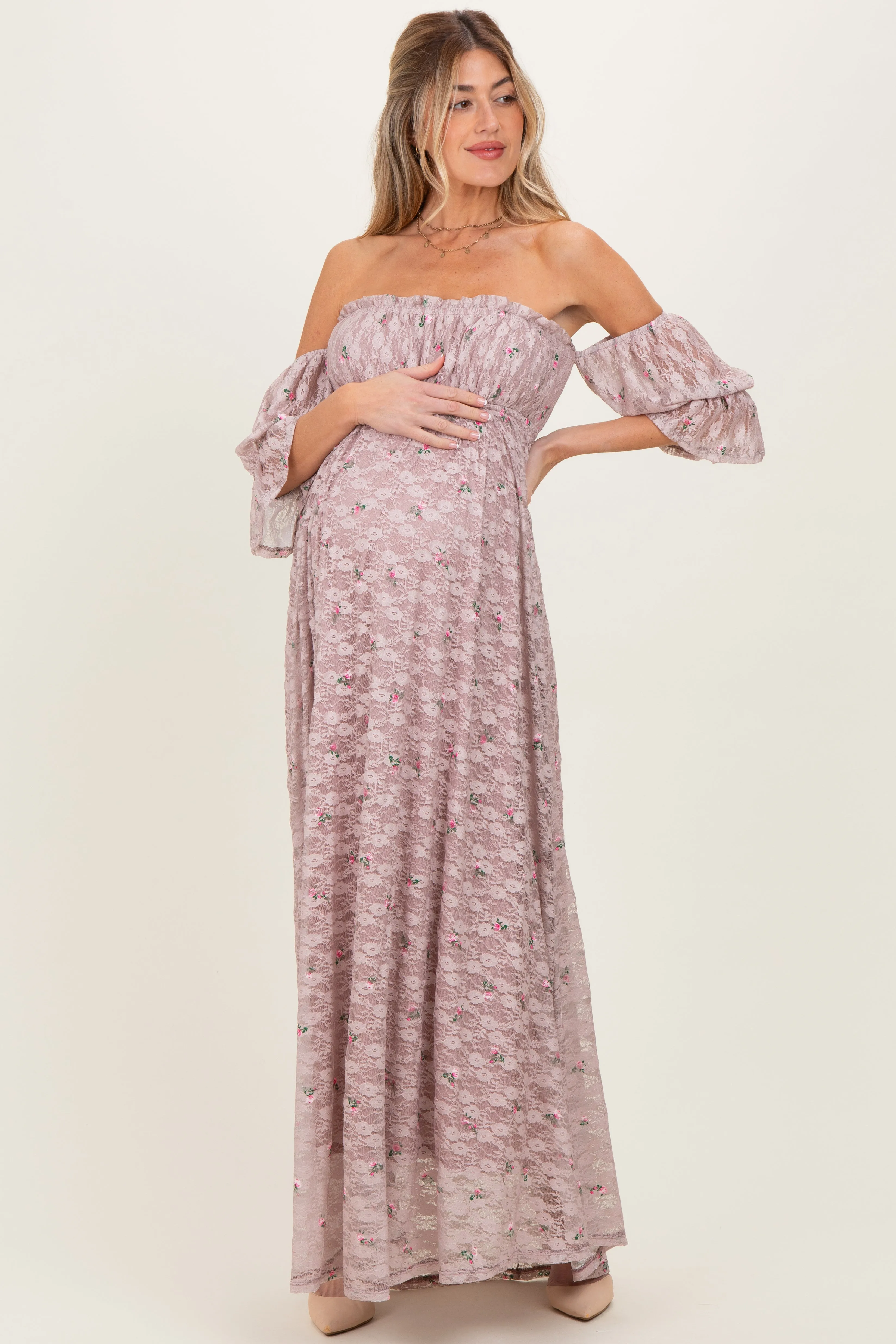 Taupe Floral Lace Off Shoulder Ruffe Sleeve Maternity Maxi Dress sold by Pinkblush product image thumbnail 2