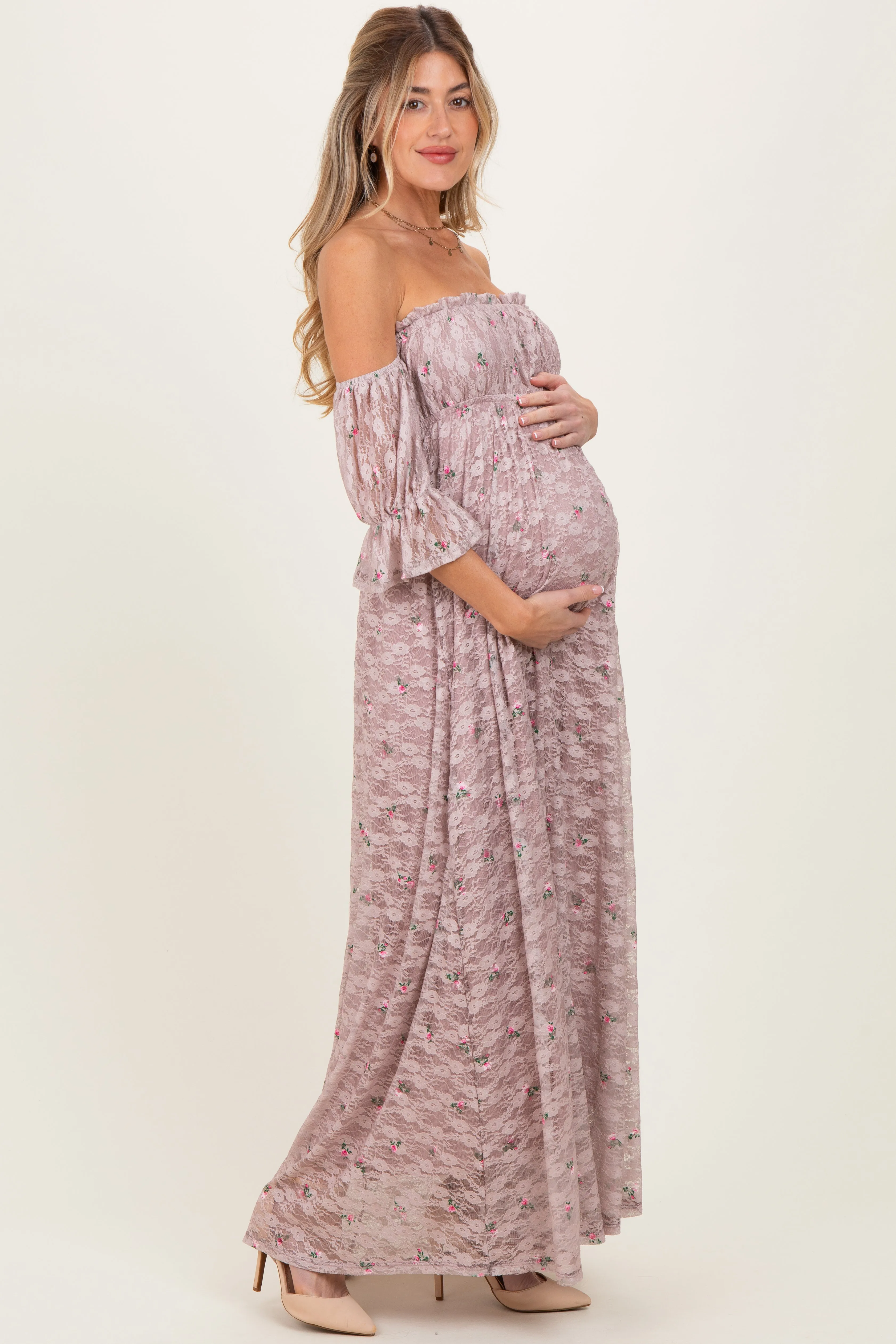 Taupe Floral Lace Off Shoulder Ruffe Sleeve Maternity Maxi Dress sold by Pinkblush product image thumbnail 3