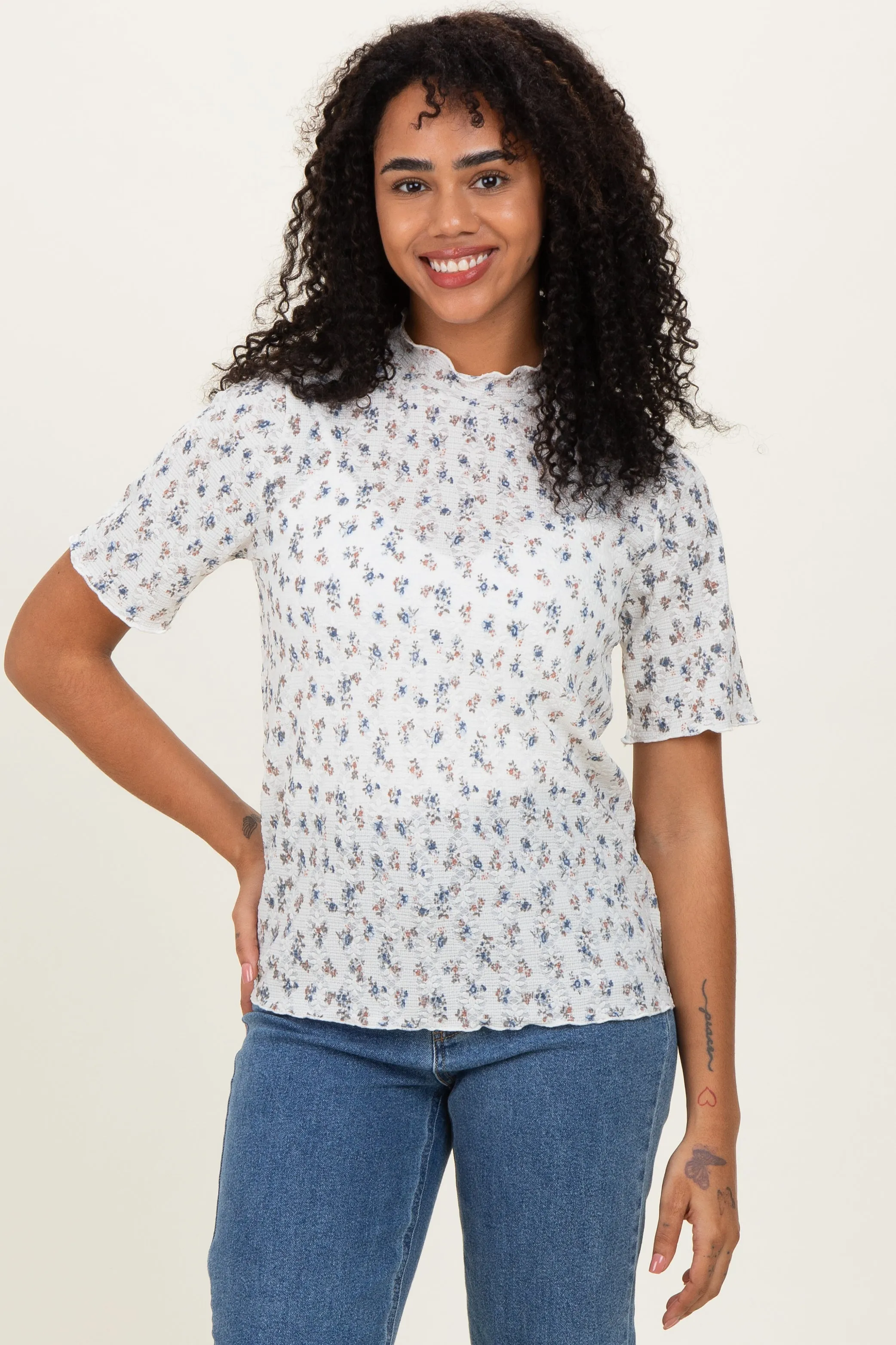 Ivory Floral Ruffle Trim Short Sleeve Top sold by Pinkblush